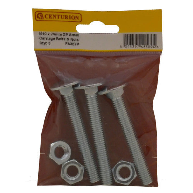 Centurion M10 X 75mm ZP Small Carriage Bolts & Nuts (Pack of 3) - Pack of 5