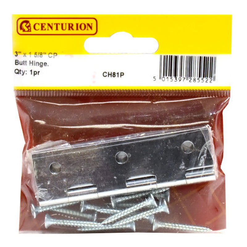 Centurion 3" x 1 5/8" 2mm CP Solid Drawn Butt Hinges (1 pair) - Pack of 5