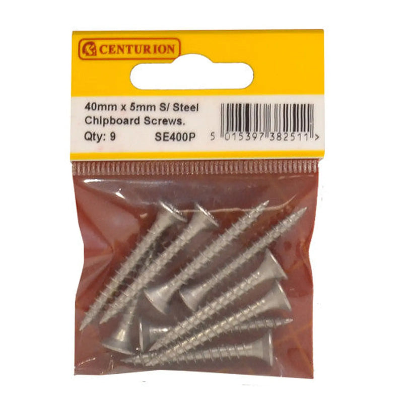 Centurion 5mm x 40mm Stainless Steel Chipboard Screws CRCS Head Countersunk - Pack of 5