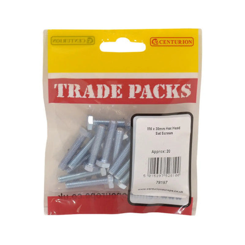 Centurion Hex Head Set Screws - Zinc Plated - M6 x 30mm - (20 PK) - Pack of 5