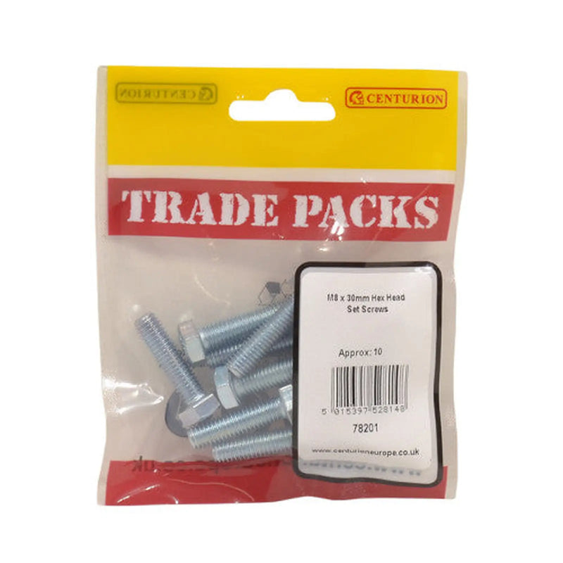 Centurion Hex Head Set Screws - Zinc Plated - M8 x 30mm - (10 PK) - Pack of 5