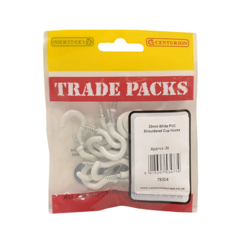 Centurion Shouldered Cup Hooks - White PVC - 25mm - (20 PK) - Pack of 5