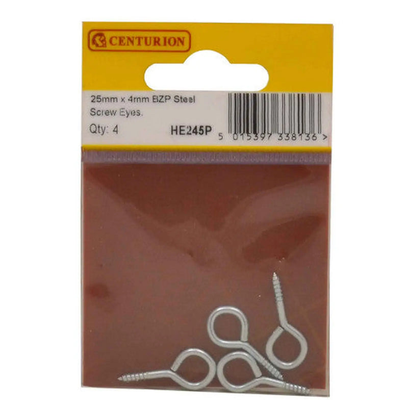 Centurion Steel Screw Eyes - Zinc Plated - 25mm x 4mm - (Pack of 4) - Pack of 5