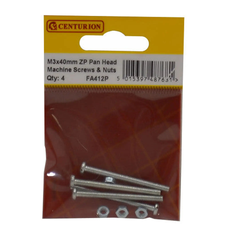 Centurion M3 x 40mm Head Machine Screws & Nuts - Pan Head - Zinc Plated - - Pack of 5