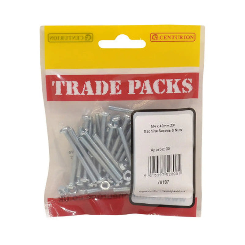 Centurion Machine Screws & Nuts - Zinc Plated - M4 x 40mm - (30 PK) - Pack of 5