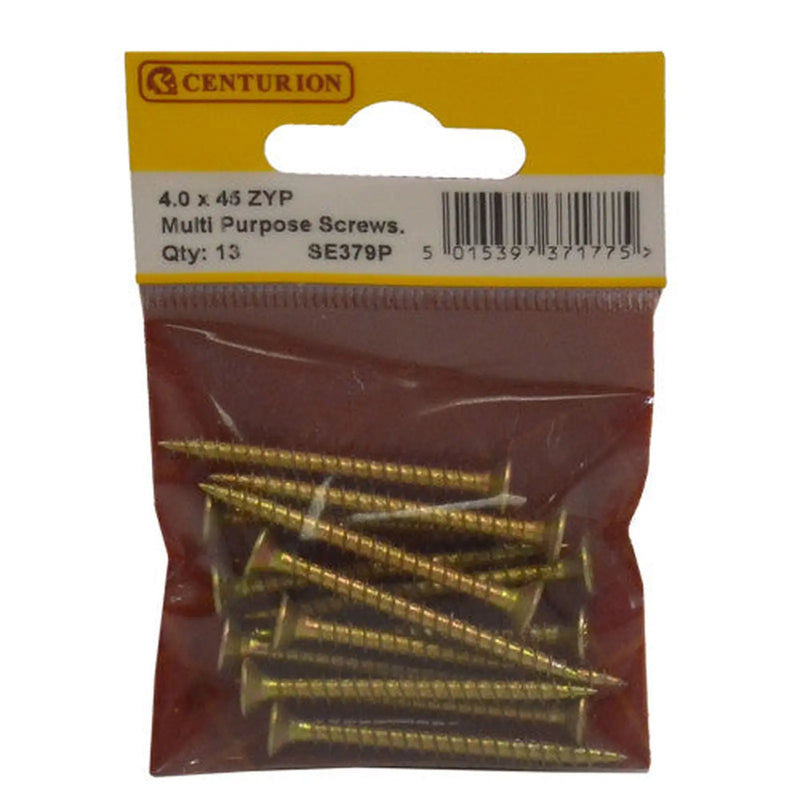 Centurion Multi Purpose Pozi Countersunk Screws, 4 x 45mm, Zinc Yellow Passivated - Min Order 6