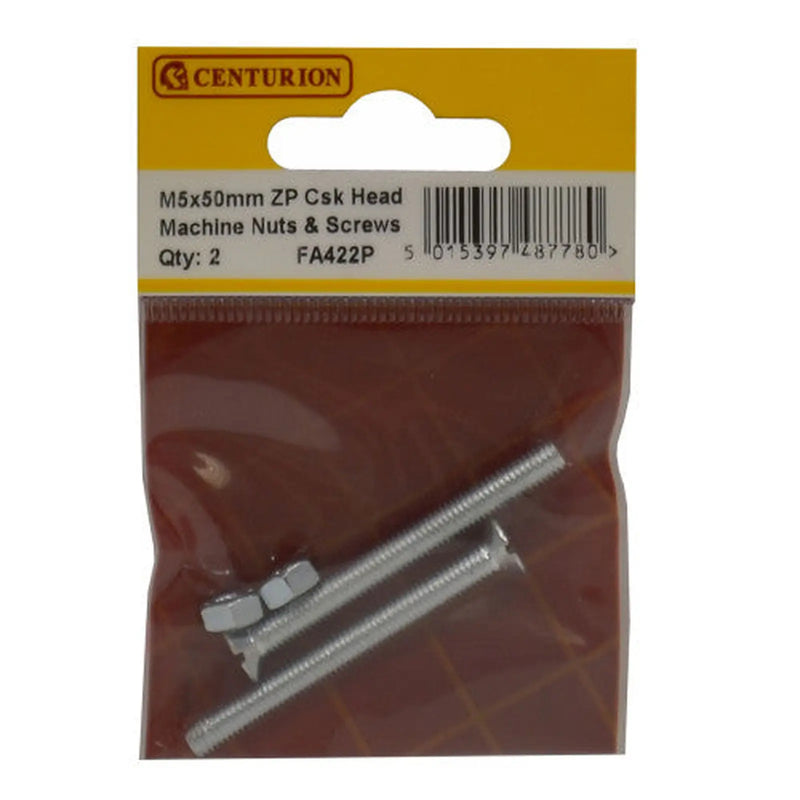 Centurion M5 x 50mm Machine Screws & Nuts - Countersunk Head - Zinc Plated - - Pack of 5