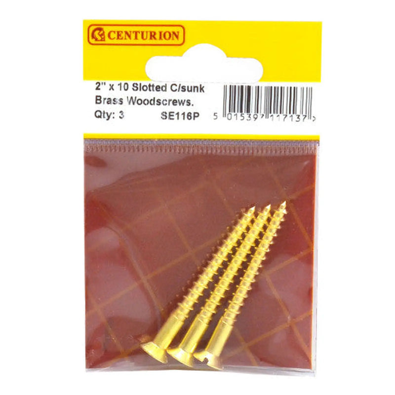 Centurion 2" x 10 Slotted Brass Woodscrew - Countersunk Head - (Pack of 3) - Pack of 5