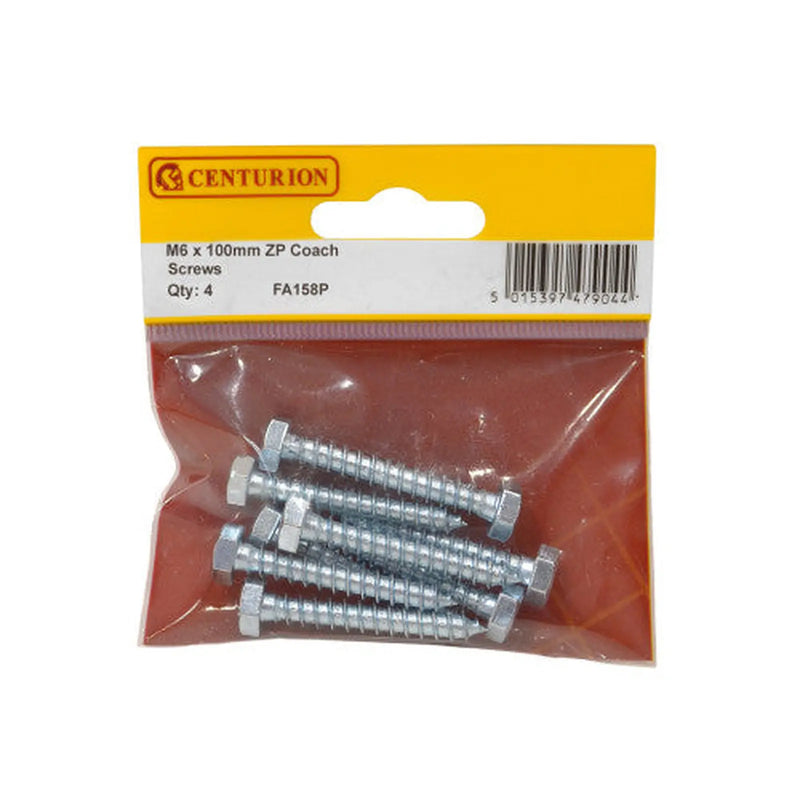 Centurion M6 x 100mm ZP Coach Screws  (Pack of 4) - Pack of 5