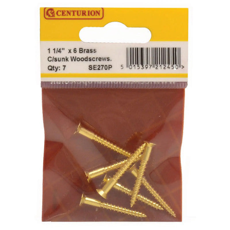 Centurion 1 1/4" x 6 Slotted Brass Woodscrew - Countersunk Head - (Pack of 7) - Pack of 5