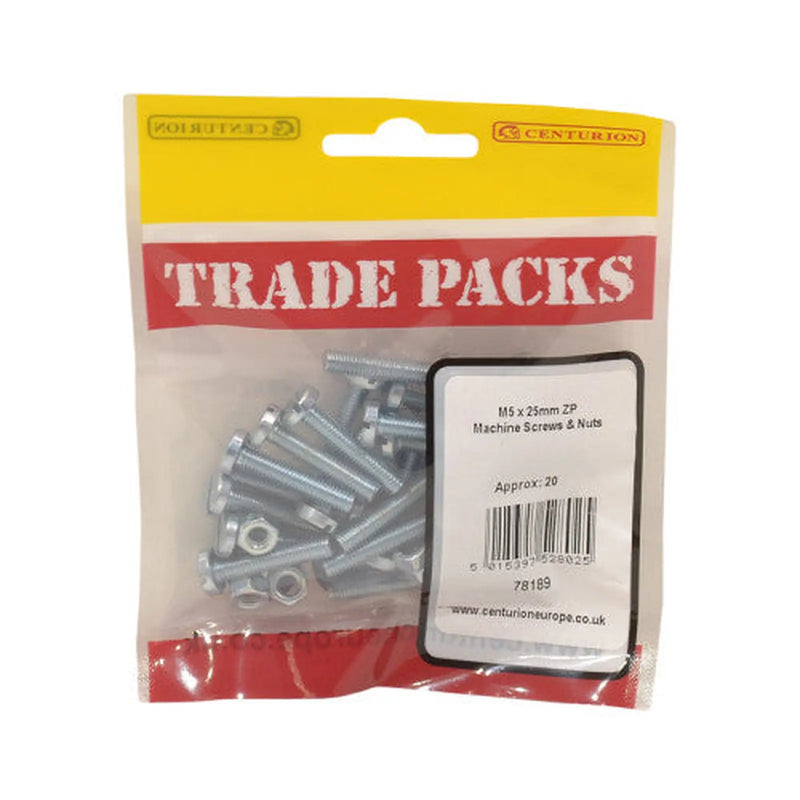 Centurion Machine Screws & Nuts - Zinc Plated - M5 x 25mm - (20 PK) - Pack of 5