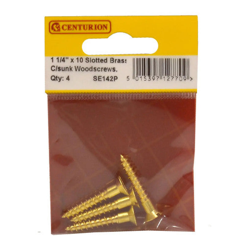 Centurion 1 1/4" x 10 Slotted Brass Woodscrew - Countersunk Head - (Pack of 4) - Pack of 5