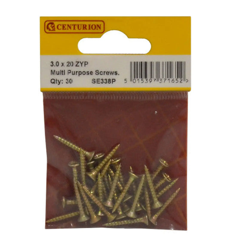 Centurion 3mm x 20mm ZYP Multi Purpose Single Thread Countersunk Pozi Screws - Pack of 5