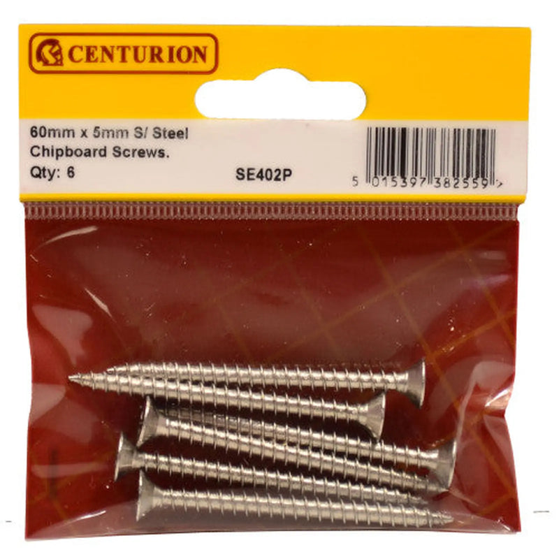 Centurion 5mm x 60mm Stainless Steel Chipboard Screws CRCS Head Countersunk - Pack of 5
