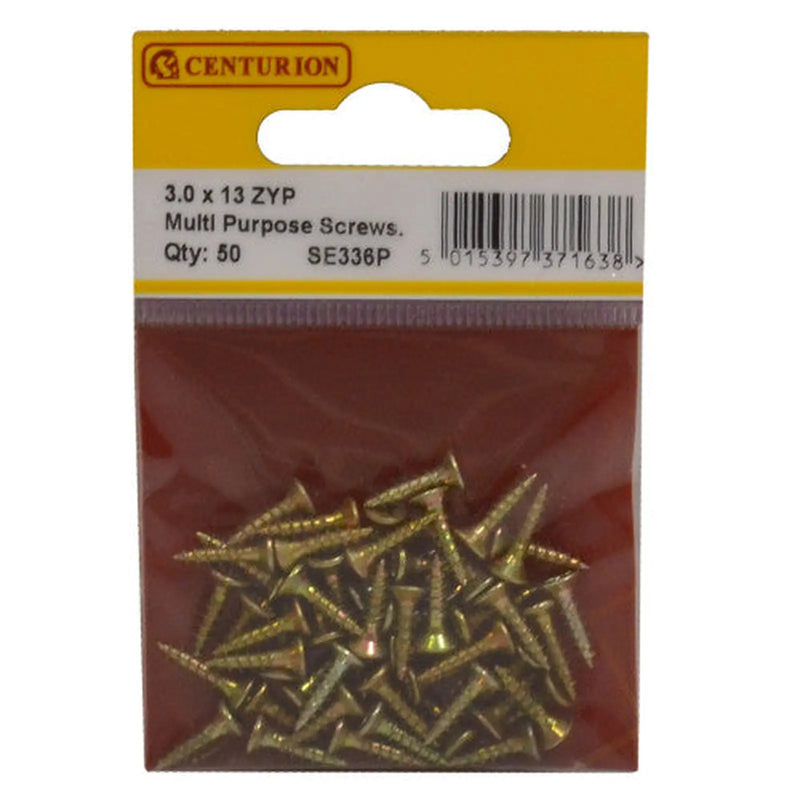 Centurion 3mm x 13mm ZYP Multi Purpose Single Thread Countersunk Pozi Screws - Pack of 5