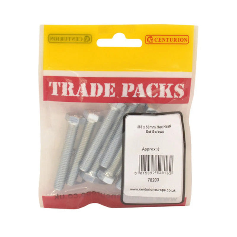 Centurion Hex Head Set Screws - Zinc Plated - M8 x 50mm - (8 PK) - Pack of 5