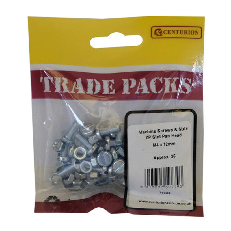 Centurion Machine Screws & Nuts - Zinc Plated - Slot Pan Head  - M4 x 12mm - - Pack of 5