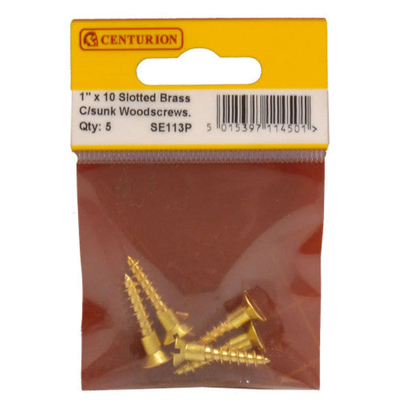 Centurion 1" x 10 Slotted Brass Woodscrew - Countersunk Head - (Pack of 5)
