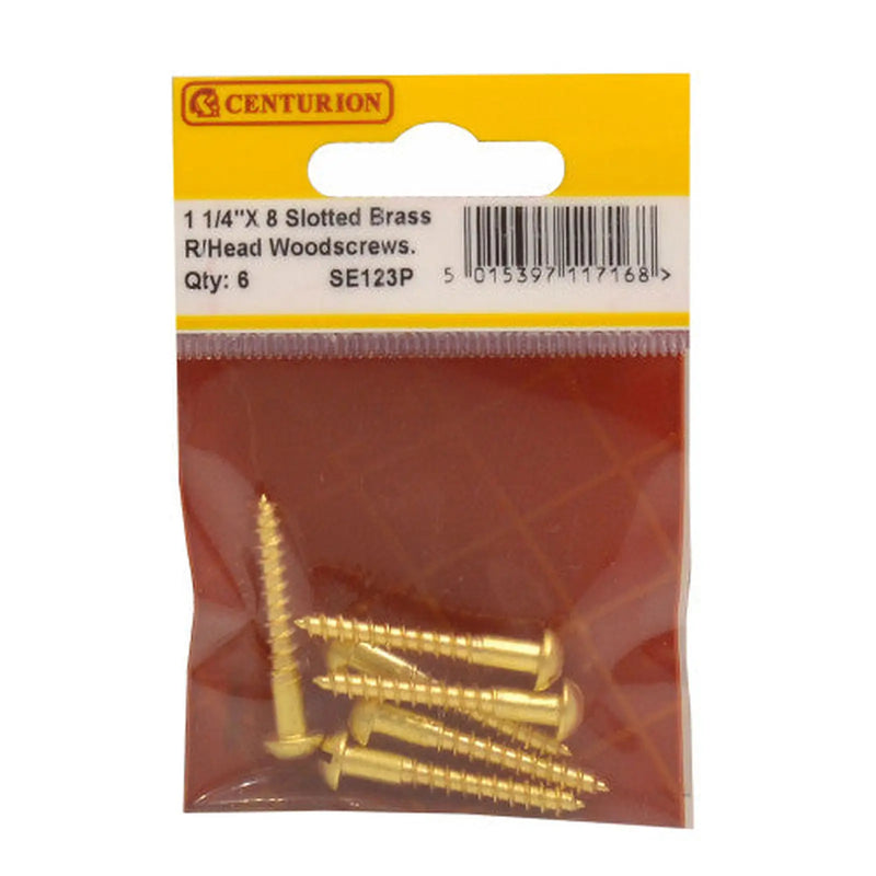 Centurion 1 1/4" x 8 Slotted Round Head Woodscrew - Solid Brass - (Pack of 6) - Pack of 5