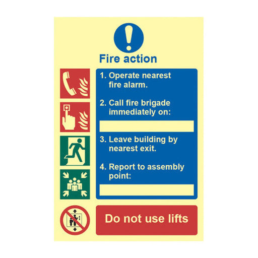Centurion 'Fire Action Procedure' Sign, 1.3mm Rigid Self Adhesive Photoluminescent (200mm x 300mm) 0202