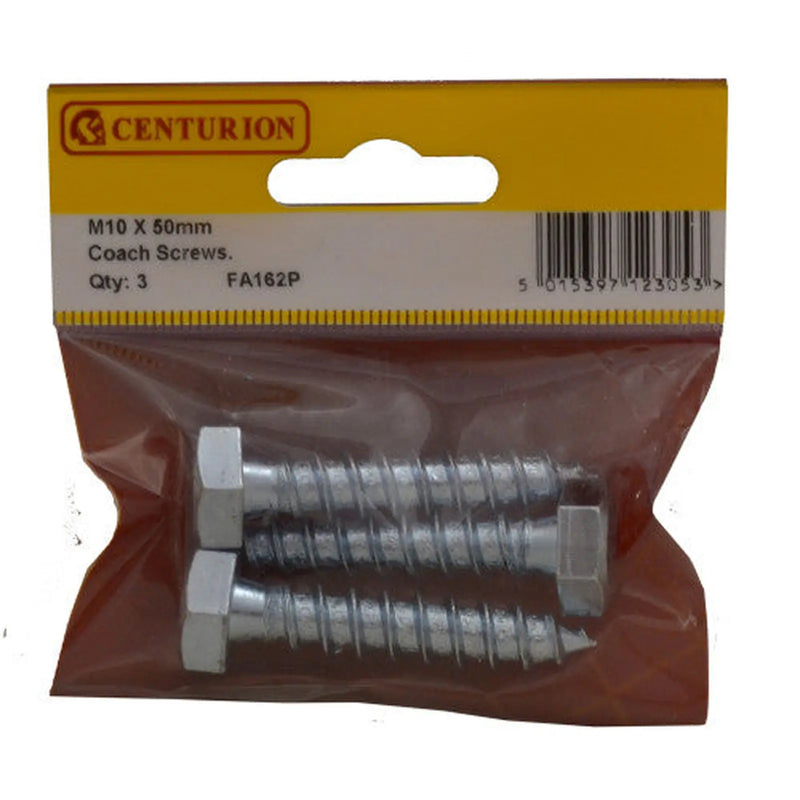 Centurion M10 x 50mm ZP Coach Screws  (Pack of 3) - Pack of 5