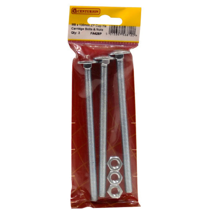 Centurion M8 x 130mm ZP Cup Sq Hex Carriage Bolts & Nuts (Pack of 3) - Pack of 5