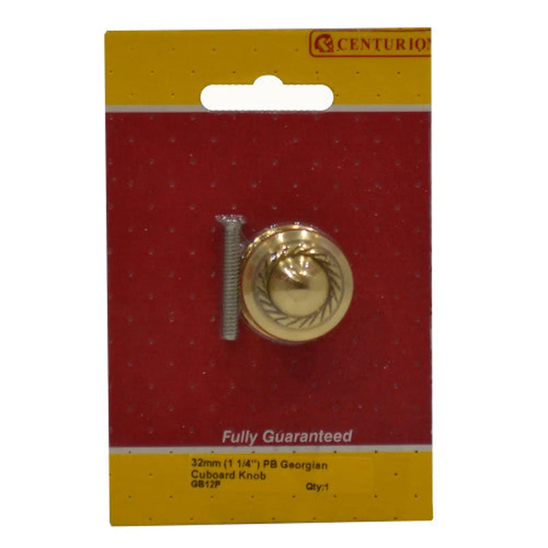 Centurion Georgian Cupboard Knobs, Polished Brass, 32mm Dia. - Pack of 5