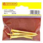 Centurion 2 1/2" x 12 Slotted Brass Woodscrew - Countersunk Head - (Pack of 4) - Pack of 5