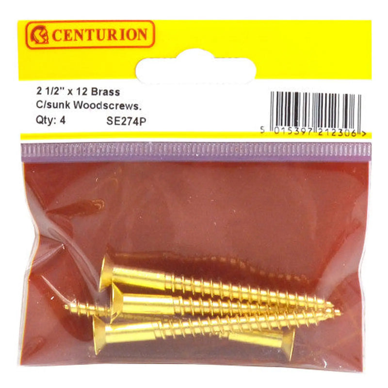 Centurion 2 1/2" x 12 Slotted Brass Woodscrew - Countersunk Head - (Pack of 4) - Pack of 5