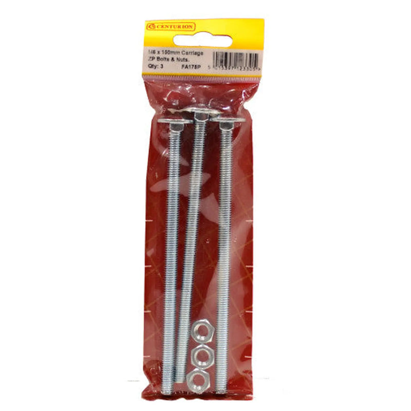 Centurion M8 x 150mm ZP Small Carriage Bolts & Nuts (Pack of 3) - Pack of 5