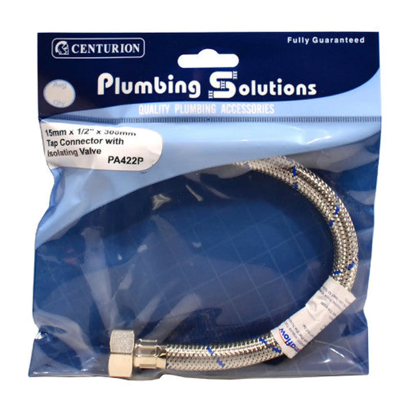 Centurion 15mm x 1/2" x 300mm Tap Connector with Isolating Valve - Pack of 3