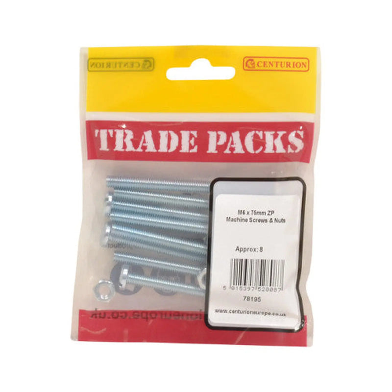Centurion Machine Screws & Nuts - Zinc Plated - M6 x 75mm - (8 PK) - Pack of 5