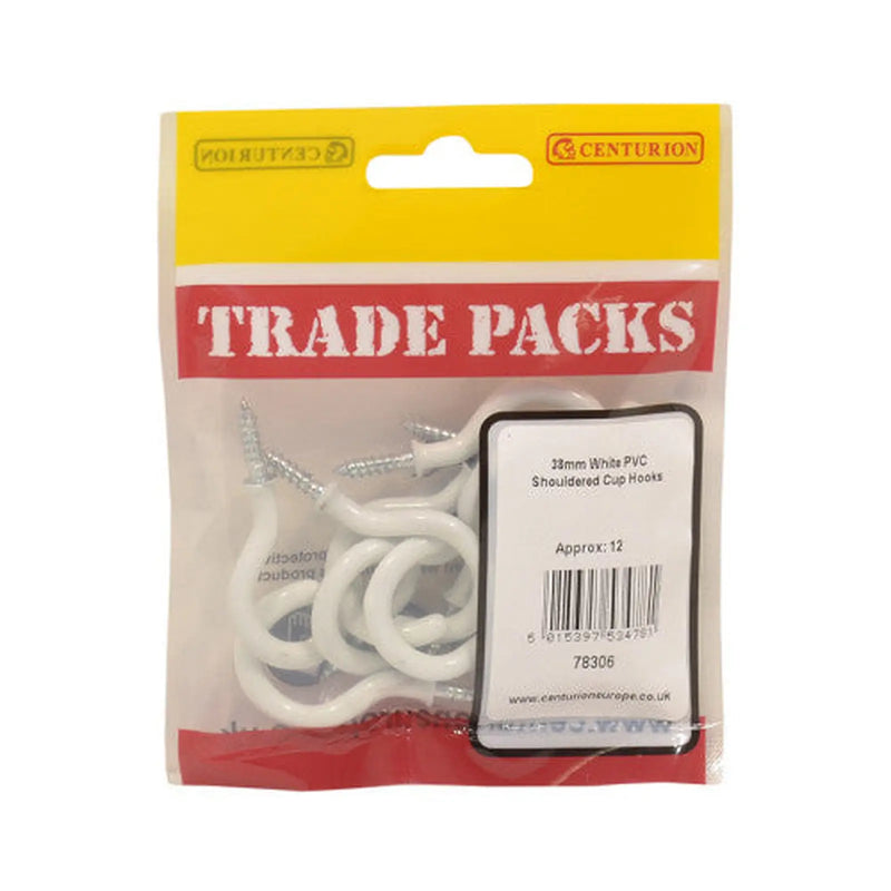 Centurion Shouldered Cup Hooks - White PVC - 38mm - (12 PK) - Pack of 5