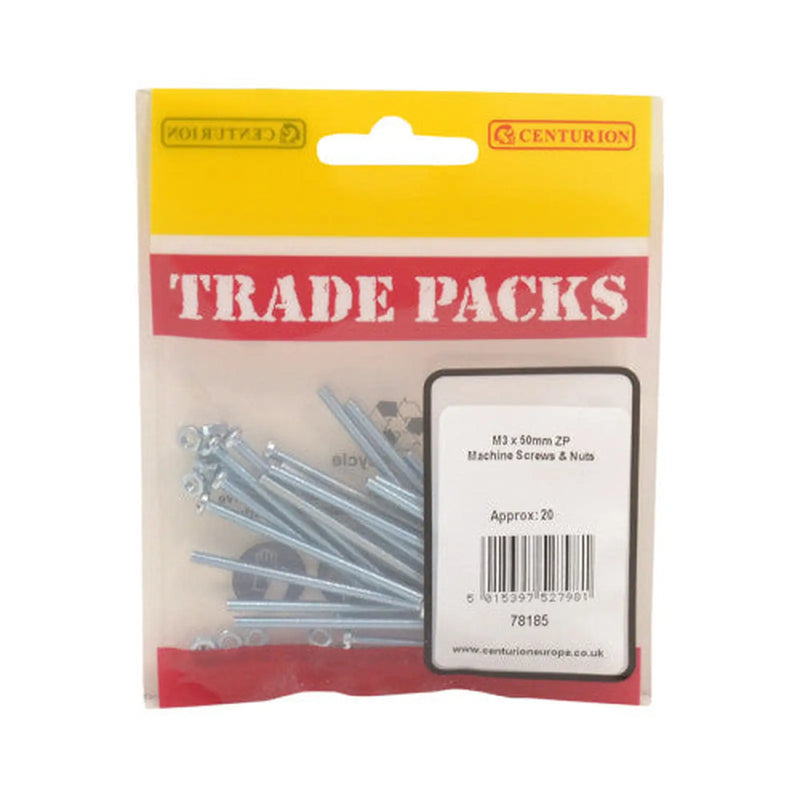 Centurion Machine Screws & Nuts - Zinc Plated - M3 x 50mm - (20 PK) - Pack of 5