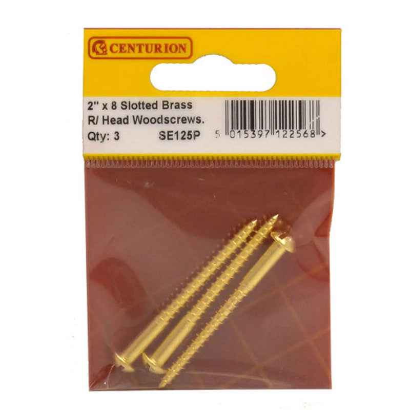 Centurion 2" x 8 Slotted Round Head Woodscrew - Solid Brass - (Pack of 3) - Pack of 5