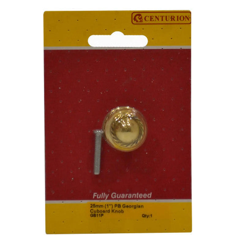 Centurion Georgian Cupboard Knobs, Polished Brass, 25mm Dia. - Pack of 5