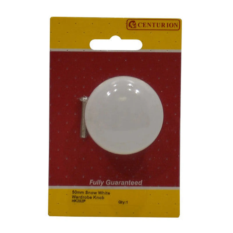 Centurion Porcelain Cupboard and Wardrobe Knobs, White, 50mm Dia. - Pack of 5