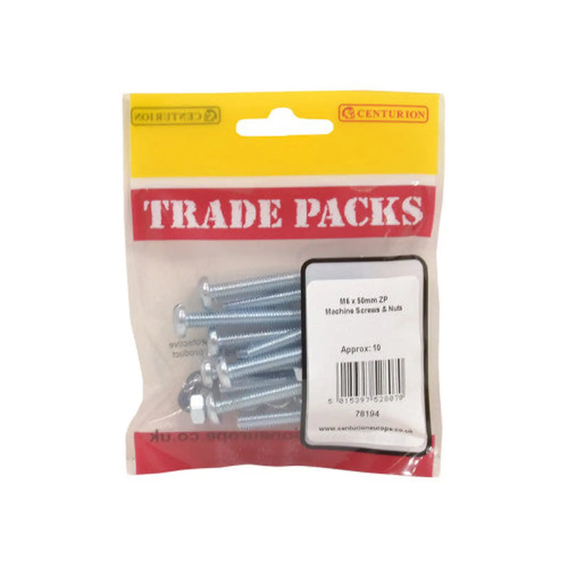Centurion Machine Screws & Nuts - Zinc Plated - M6 x 50mm - (10 PK) - Pack of 5