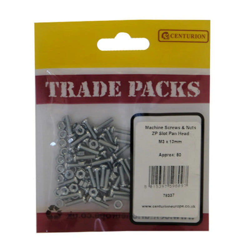 Centurion Machine Screws & Nuts - Zinc Plated - Slot Pan Head - M3 x 12mm - - Pack of 5