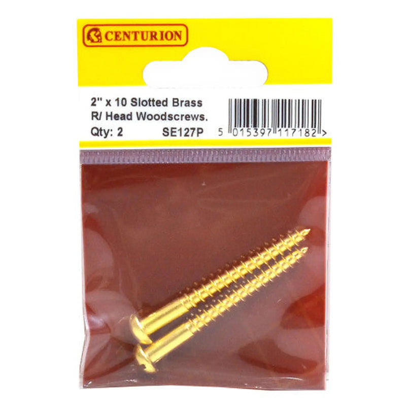 Centurion 2" x 10 Slotted Round Head Woodscrew - Solid Brass - (Pack of 2) - Pack of 5