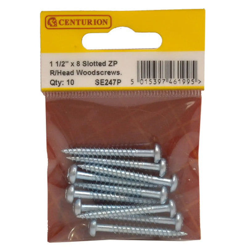 Centurion 1 1/2" x 8 ZP Round Head Woodscrews (Pack of 10) - Pack of 5