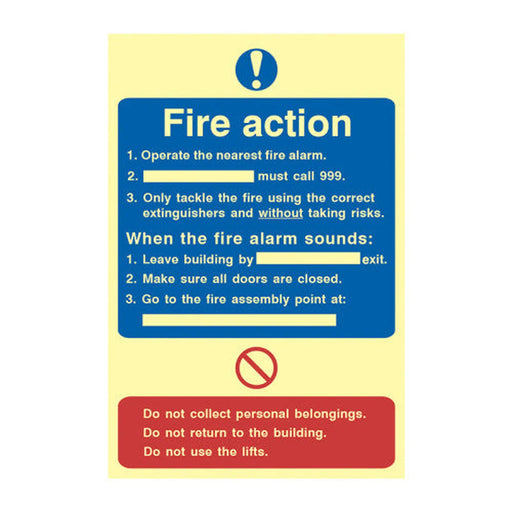Centurion 'Fire Action Procedure' Sign, 1.3mm Rigid Self Adhesive Photoluminescent (200mm x 300mm)