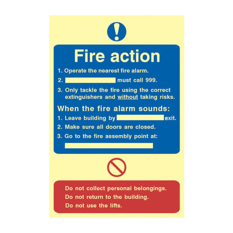 Centurion 'Fire Action Procedure' Sign, 1.3mm Rigid Self Adhesive Photoluminescent (200mm x 300mm)