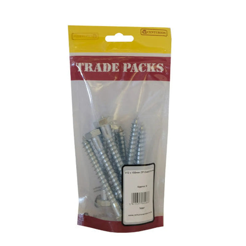 Centurion Coach Screws - M12 x 100mm - Zinc Plated - Pack of 8