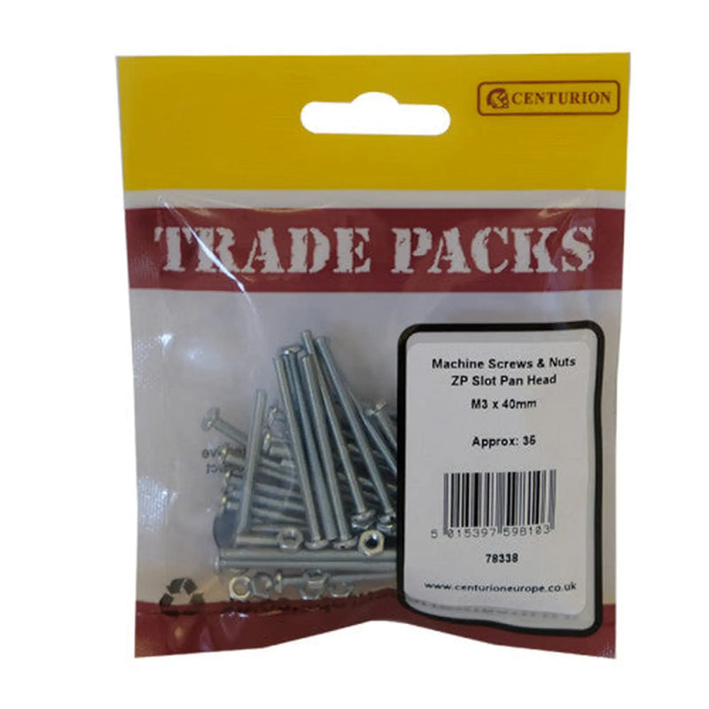 Centurion Machine Screws & Nuts - Zinc Plated - Slot Pan Head - M3 x 40mm - - Pack of 5