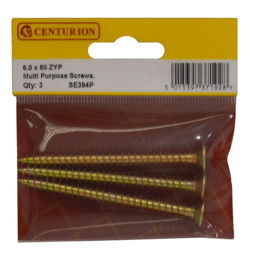Centurion Multi Purpose Pozi Countersunk Screws, 6 x 80mm, Zinc Yellow Passivated - Min Order 6