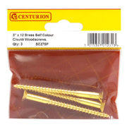 Centurion 3" x 12 Slotted Brass Woodscrew - Countersunk Head - (Pack of 3) - Pack of 5