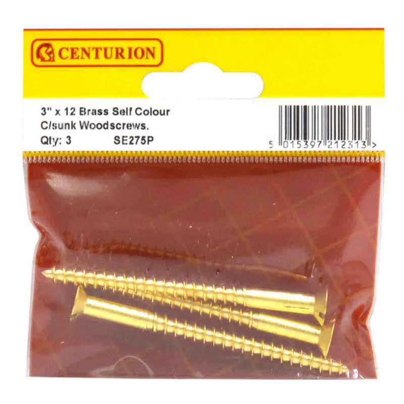 Centurion 3" x 12 Slotted Brass Woodscrew - Countersunk Head - (Pack of 3) - Pack of 5