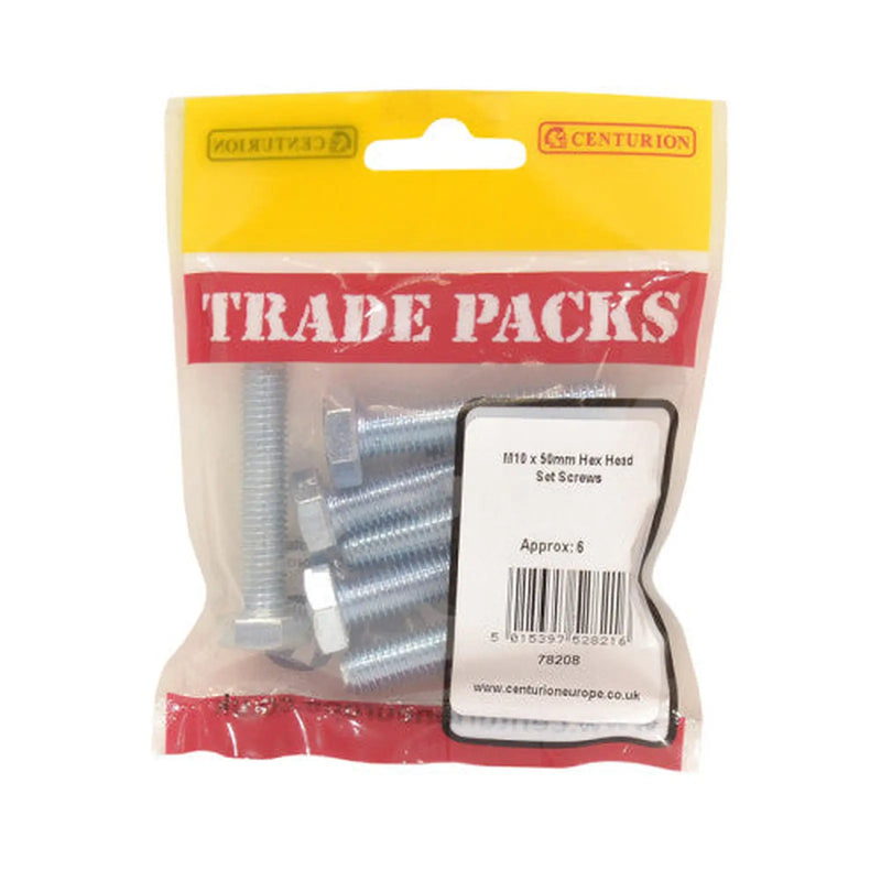 Centurion Hex Head Set Screws - Zinc Plated - M10 x 50mm - (6 PK) - Pack of 5