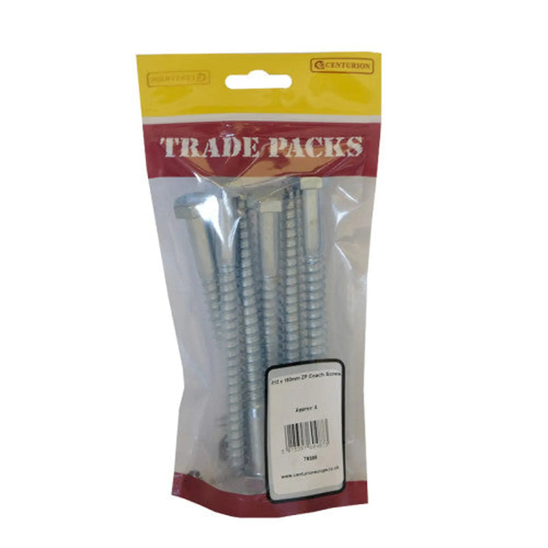 Centurion Coach Screws - M12 x 150mm - Zinc Plated - Packs of 6 - Pack of 5